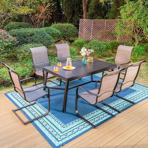Black 7-Piece Metal Outdoor Patio Dining Set with Slat Extendable Table and High Back C-Spring Textilene Chairs