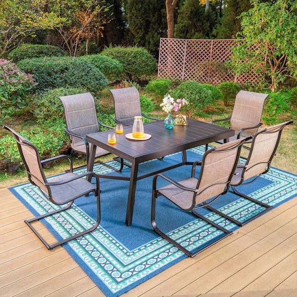 PHI VILLA Black 7-Piece Metal Outdoor Patio Dining Set with Slat Extendable Table and High Back C-Spring Textilene Chairs