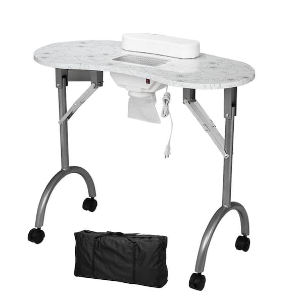 Karl home 36 in. White Manicure Nail Table Work Station Salon Foldable Desk with Vent Fan
