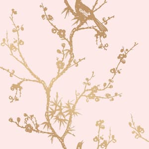 Cynthia Rowley Bird Watching Rose Pink and Gold Peel and Stick Wallpaper Sample