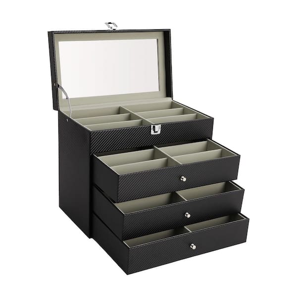 YIYIBYUS 24 Slots Black Sunglasses Storage Box Transparent Glass Lid PU Glasses Storage Display Box