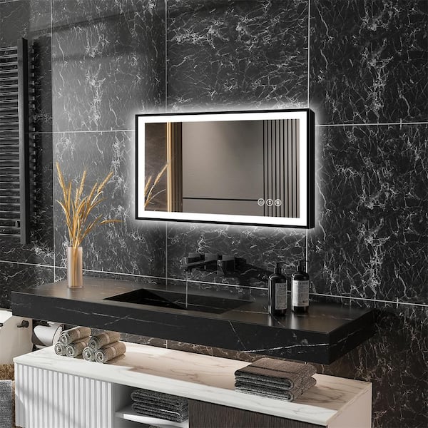 ExBrite LumiCont 40 in. W x 24 in. H Medium Rectangular Black Framed Anti-Fog LED Wall Bathroom Vanity Mirror Lighted Mirror