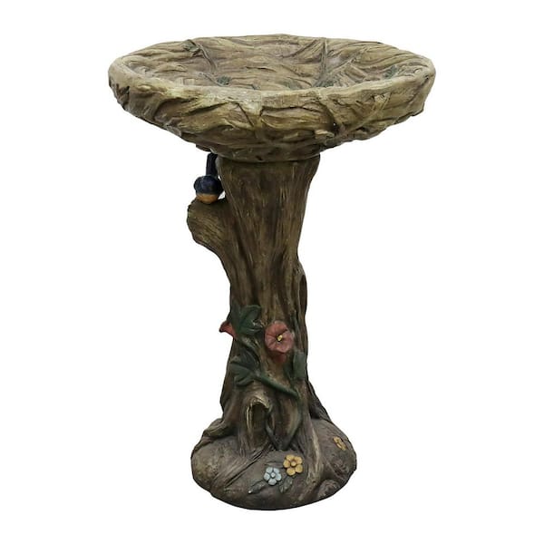 25.5 in. Cement Outdoor Garden Bird Bath with Birds, Woodland Tree Trunk Yard Statue for Garden, Patio, Lawn, Backyard