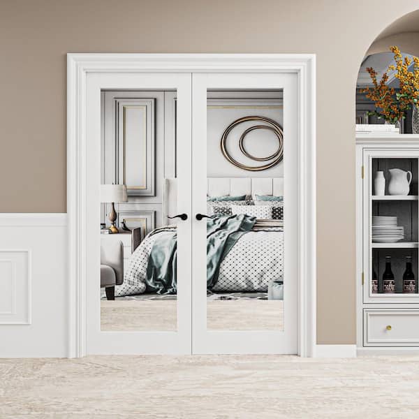 64 in. x 80 in. 1-Lite Mirrored Glass Solid Core White Primed Universal Double Prehung French Door with Assemble Jamb