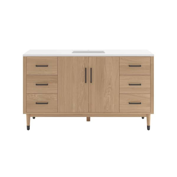 Sawyer 60 in. Single Sink Freestanding Sunburst Oak Bath Vanity with White Quartz Top