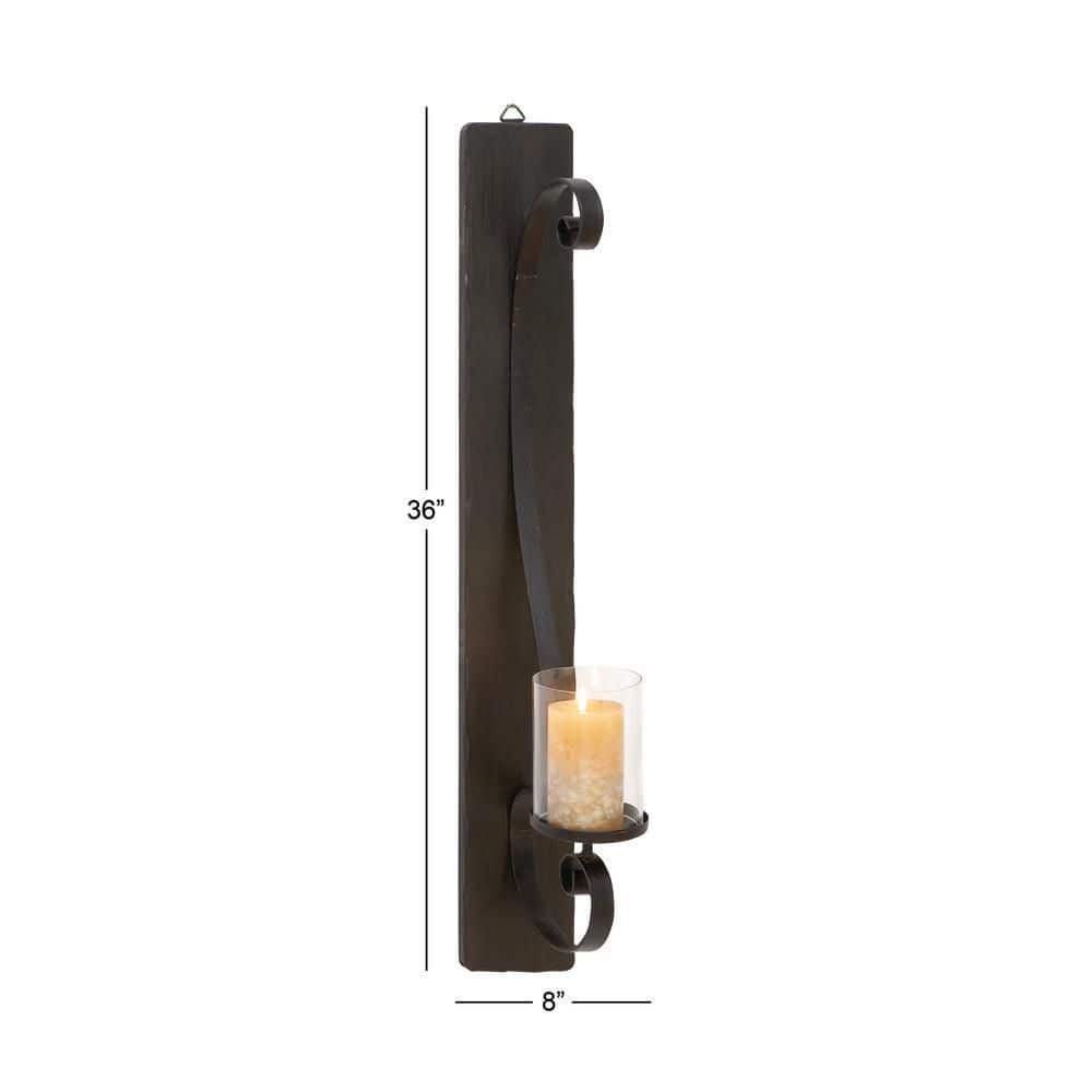 Black Metal and Wood Wall Sconce with Hurricane Glass