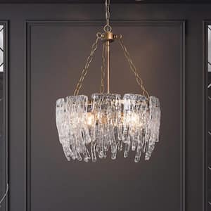 Vintage Gold Crystal Drum Chandelier 4-Light Glam Island Pendant Light with Textured Glass Shade for Kitchen Dining Room