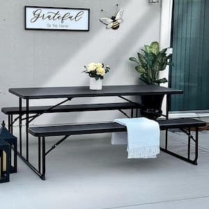 6 ft. Black Rectangular HDPE Folding Picnic Table and Bench with Umbrella Hole