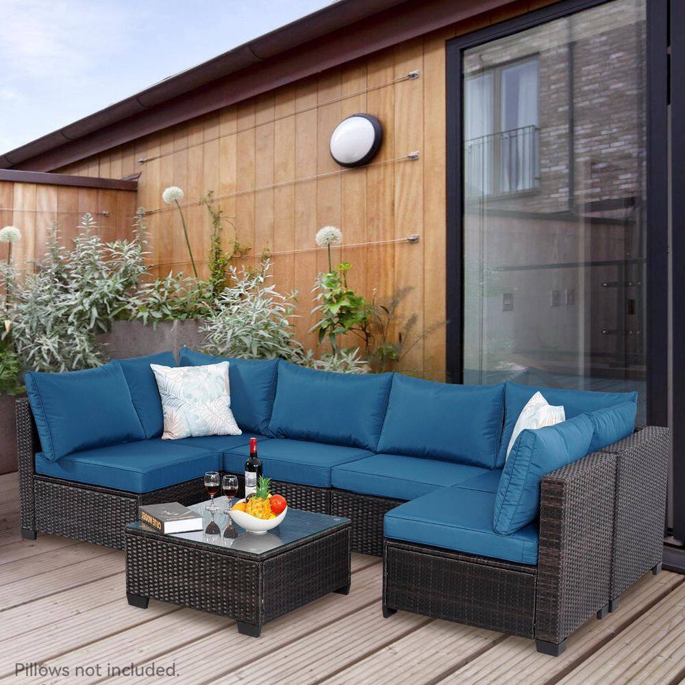 7-Piece Wicker Outdoor Sectional Patio Conversation Set with Navy Blue Cushions and Tempered Glass Table price history on PriceWatchPro