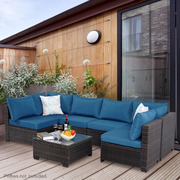 Sudzendf 7-Piece Wicker Outdoor Sectional Patio Conversation Set with Navy Blue Cushions and Tempered Glass Table