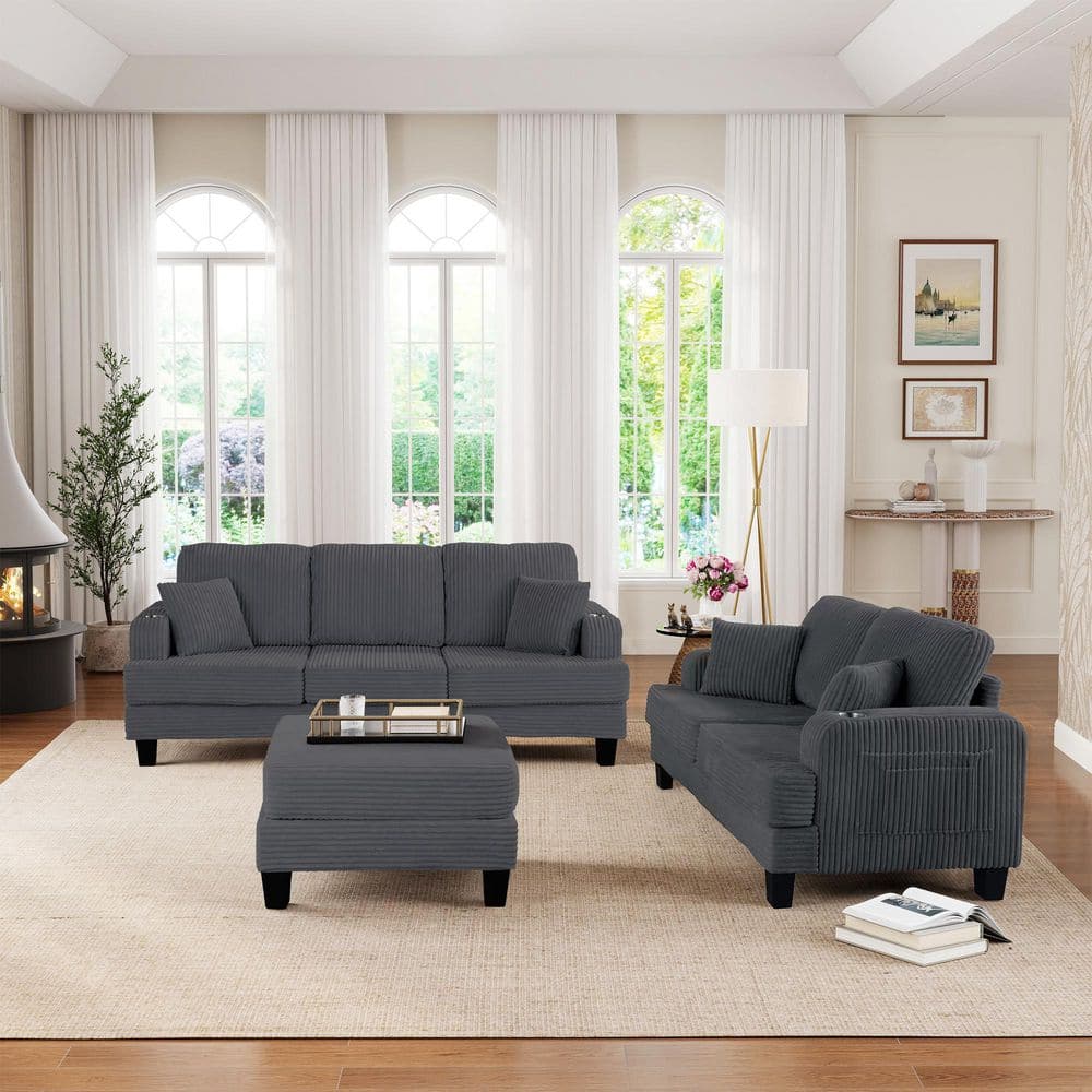 84.64 in. Wide Straight Arm Fabric Rectangle 3-Seat Sofa Sectional with Ottoman, USB Charger and Cup Holder in Dark Gray