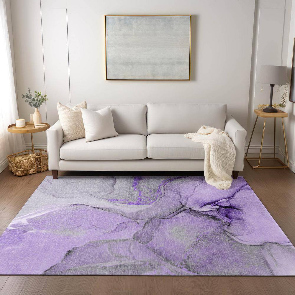 Purple and Gray Synthetic Washable Rectangular Area Rug