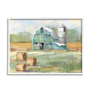 "Contemporary Blue Farm Hay Bails Empty Field" by Sally Swatland Framed Print Nature Texturized Art 16 in. x 20 in.