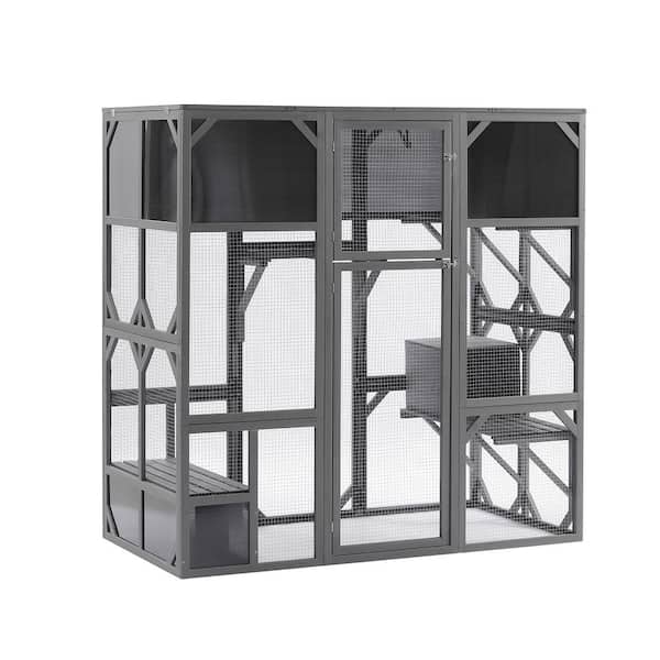 Tunearary 33.3 in. W x 67.5 in. L x 67.7 in. H Outdoor Super Large Enter Door Walk-in Style Wooden Cat House Catio Enclosure