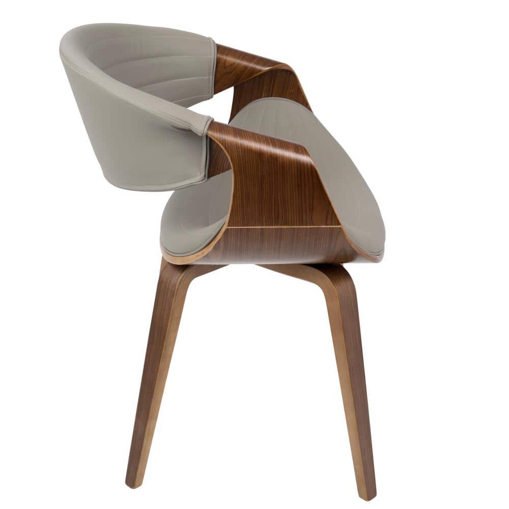 Walnut Wood & Grey Faux Leather Mid-Century Arm Chair