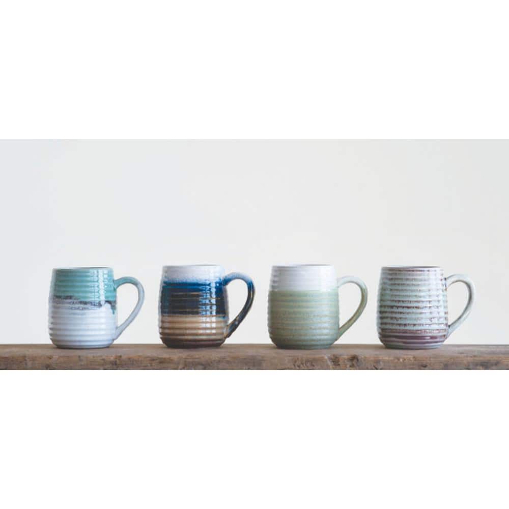 Large Multicolor Ceramic Ribbed Mugs Set of 4