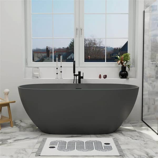 59 in. x 29.52 in. Solid Surface Stone Resin Freestanding Double Slipper Soaking Bathtub with Center Drain in Matte Gray