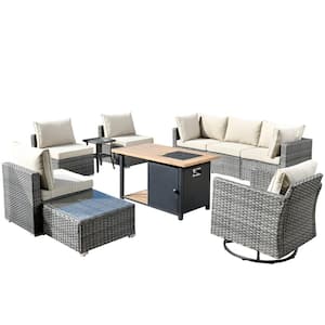 Sanibel Gray 10-Piece Wicker Patio Conversation Sofa Set with a Swivel Chair, a Storage Fire Pit and Beige Cushions
