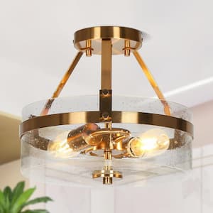 Modern Brass Gold Ceiling Light, 2-Light Cage Round Kitchen Semi-Flush Mount with Seeded Glass Shade