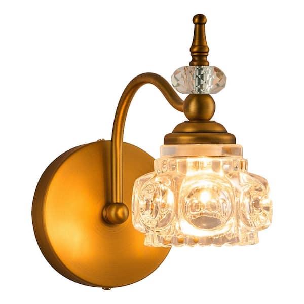 Merra 9.8 in. 1-Light Gold Vintage Vanity Light Fixture with Flower Crystal Glass Shade