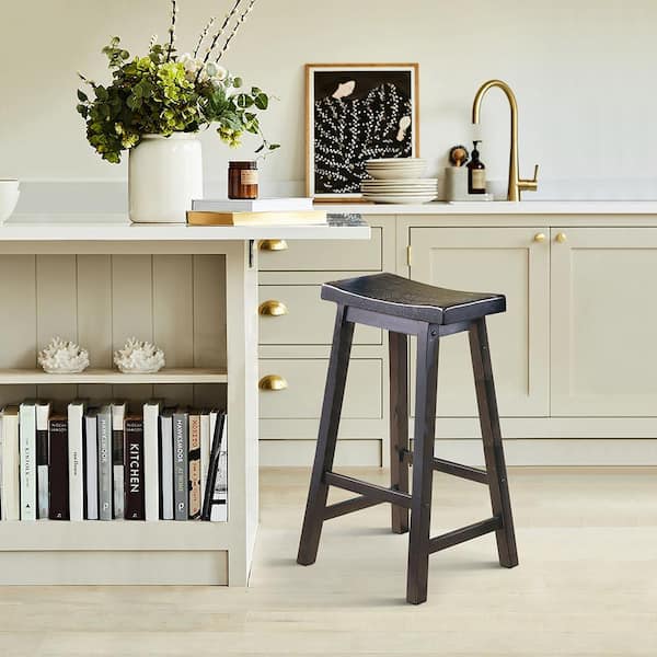 Nisky 28 in. Black Finish Solid Wood Dining Stool with Wood Seat (Set of 2)