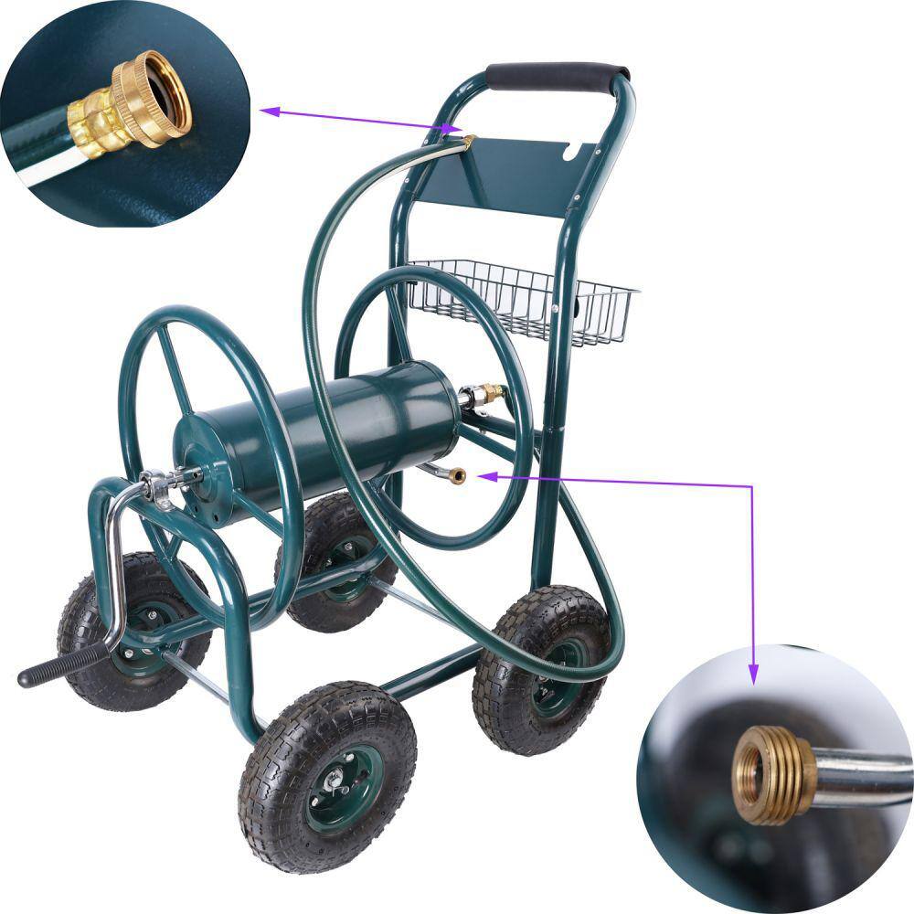Green Heavy-Duty Steel Garden Hose Reel Cart with Storage Basket
