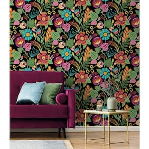 60.75 sq. ft. Ebony and Chromatic Colorful Floral Nonwoven Paper Unpasted Wallpaper Roll
