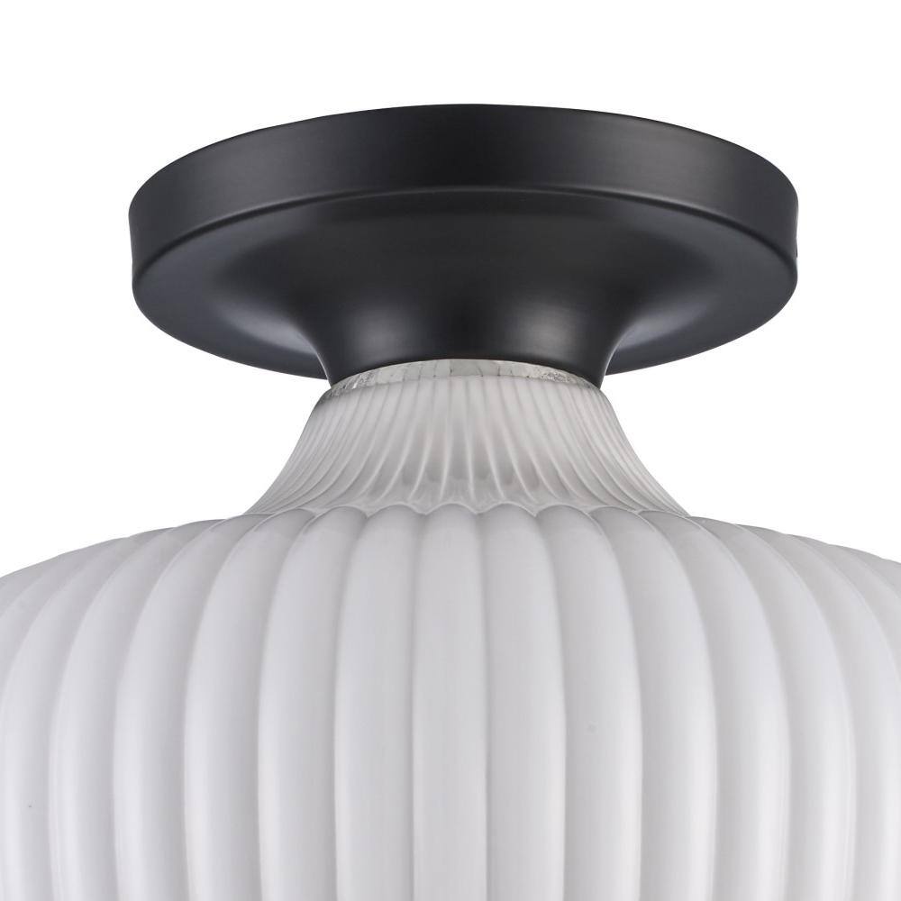 Aristo 12" Black Globe Semi-Flush Ceiling Light with Ribbed Glass Shade