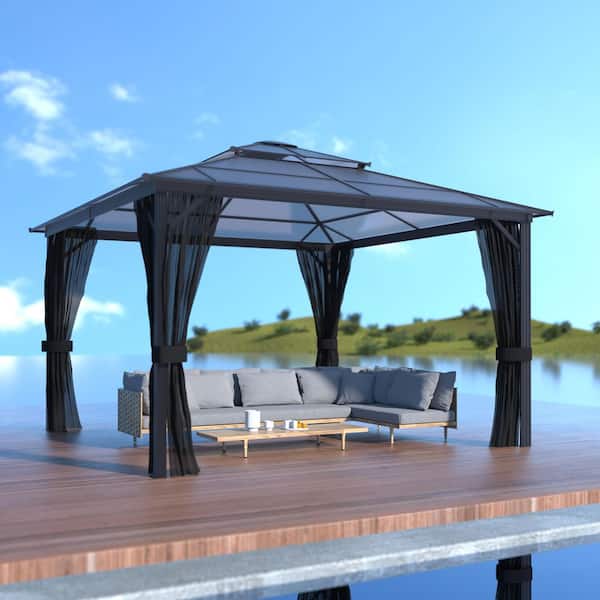 VEIKOUS 12 ft. x 12 ft. Aluminum Gazebo Polycarbonate Double Top Roof with Black Netting