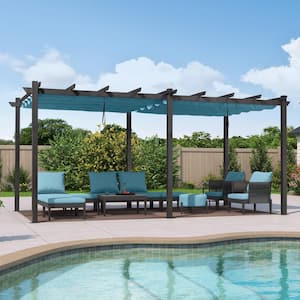 12 ft. x 18 ft. Gray Aluminum Frame Outdoor Patio Pergola with Blue Retractable Sun Shade Canopy for Porch Garden Beach