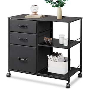 Black 3-Drawer Wood File Cabinet with Open Storage Shelves