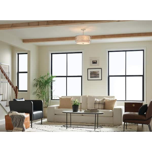 Birkleigh 18 in. 3-Light Satin Nickel Art Deco Shaded Kitchen Convertible Pendant Hanging Light to Semi-Flush
