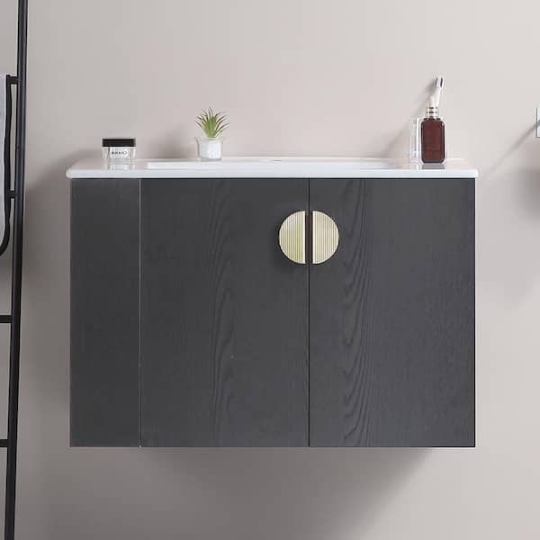 grossag 30 in. W x 18 in. D x 19 in. H Single Sink Floating Bath Vanity in Black with White Ceramic Top, Left Open Shelves