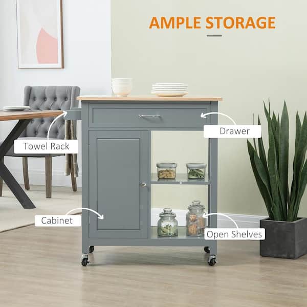 HOMCOM Rolling Grey Kitchen Cart with Wood Top, Kitchen HOMCOM Rolling Grey Kitchen Cart with Wood Top, Kitchen