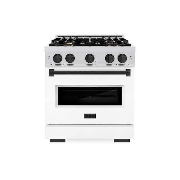 ZLINE Kitchen and Bath Autograph 30 in. Classic Gas Range with 4 Burners and Convection Gas Oven in Satin Steel with White and Black Accents