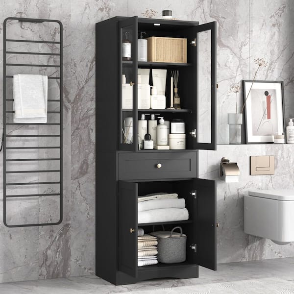 23 in. W x 15 in. D x 67 in. H Black Linen Cabinet, Tall Bathroom Storage Cabinet, Cabinet with 4-Doors and Drawers