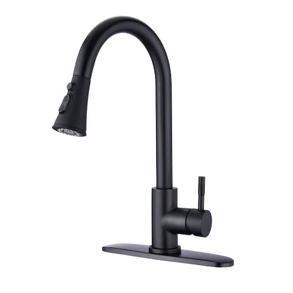 FLG Single Handle Pull Down Sprayer Kitchen Faucet with Pull Out Spray Wand Stainless Steel Sink Basin Taps in Matte Black