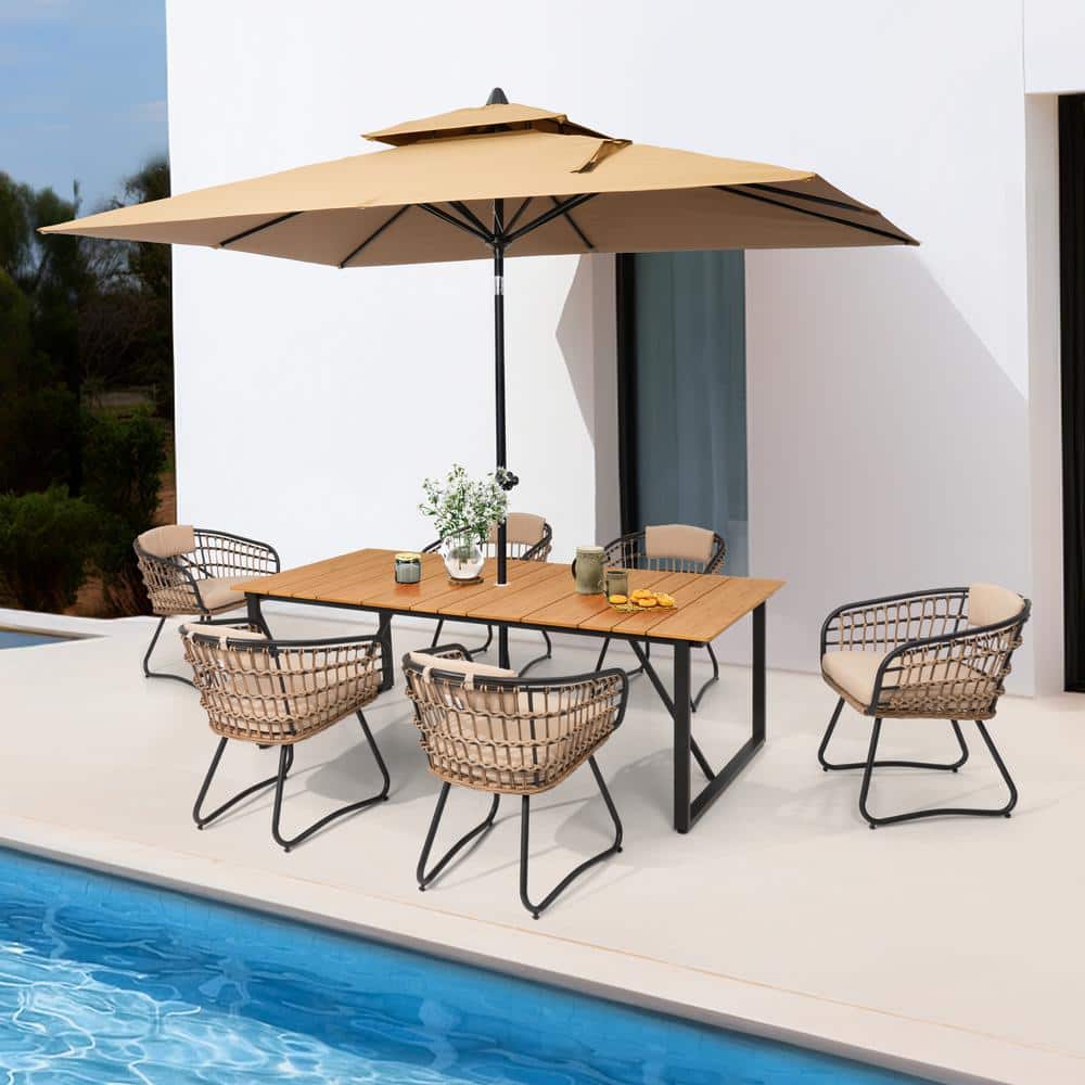 7-Piece Faux Rattan Wicker Metal Aluminum Outdoor Dining Set with Beige Cushion and Umbrella Hole