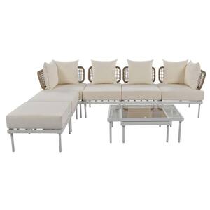 8-piece set PE Wicker Outdoor patio garden Sectional Couch, with tempered glass coffee table, Beige Cushions