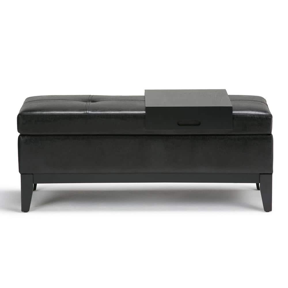 Midnight Black Tufted Faux Leather Cocktail Ottoman with Tray & Storage