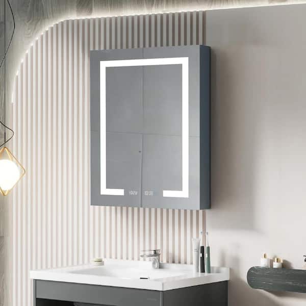 Satico 24 in. W x 32 in. H Rectangular Silver Aluminum Recessed/Surface Mount LED Medicine Cabinet with Mirror (Right Open)