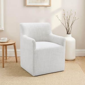 Vora Pristine White Barrel Back OEKO-TEX Fabric Upholstered Dining Arm Chair with Casters