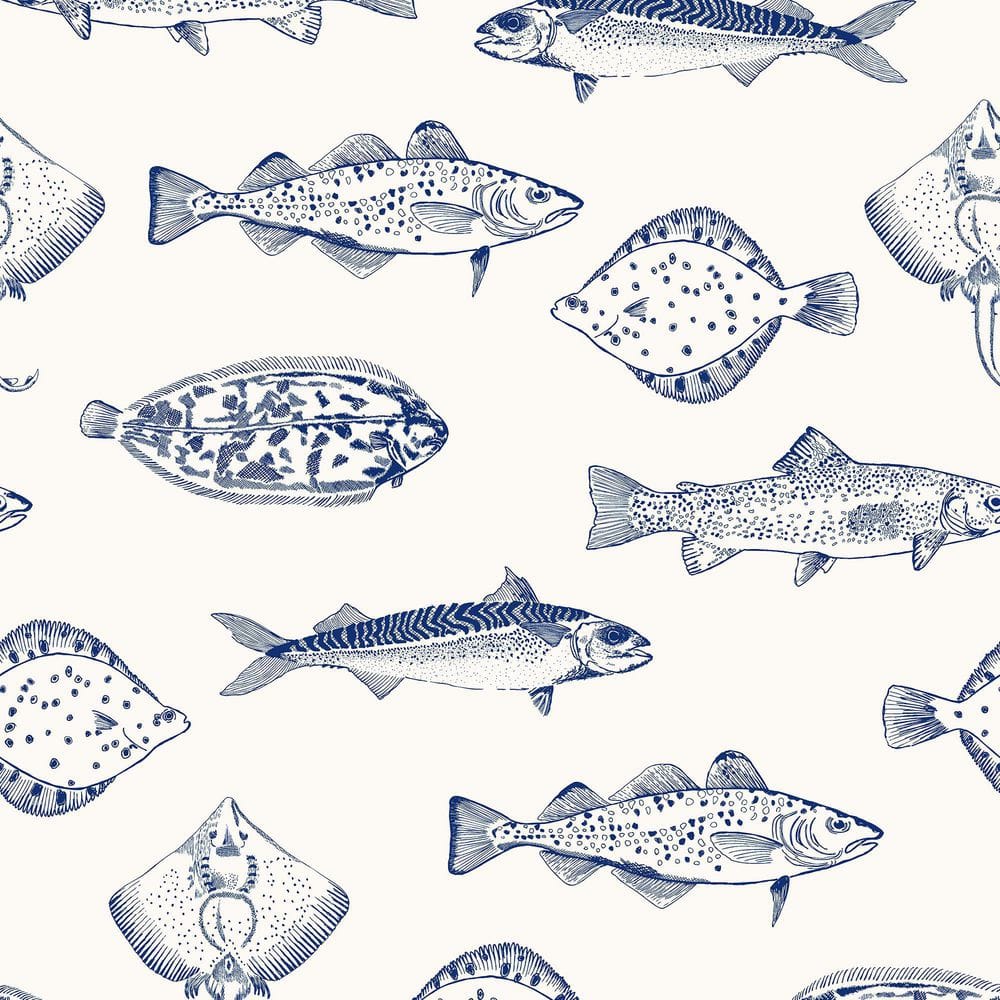 Dark Fish Wallpaper for Feature Wall, Whimsical Design Temporary Wall Art,  Cobalt Blue Decor 