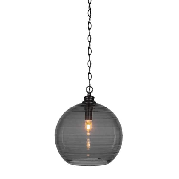 Unbranded Langdale 60-Watt 1-Light Matte Black Shaded Pendant Light with 14 in. Smoke Ribbed Glass Shade, No Bulb Included