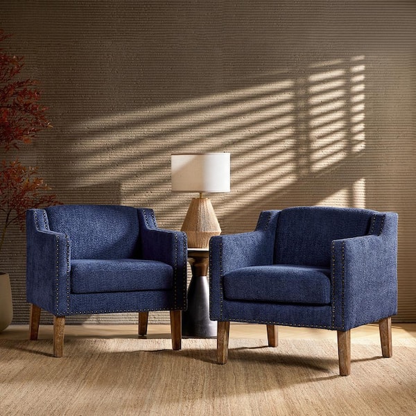 JAYDEN CREATION Mabel Navy Blue Boucle Fabric Solid Wood Accent Armchair Set of 2 with Nailhead Trims