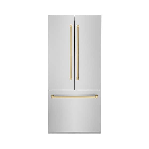 ZLINE Kitchen and Bath Autograph Edition 36 in. 3-Door French Door Refrigerator w/ Ice & Water Dispenser in Stainless Steel & Champagne Bronze