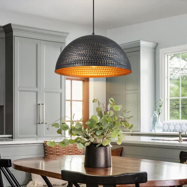 LLHZSY Detroit 15.75 in. 1-Light Hammered Black and Gold Farmhouse Dome Kitchen Island Pendant Light with Metal Shade
