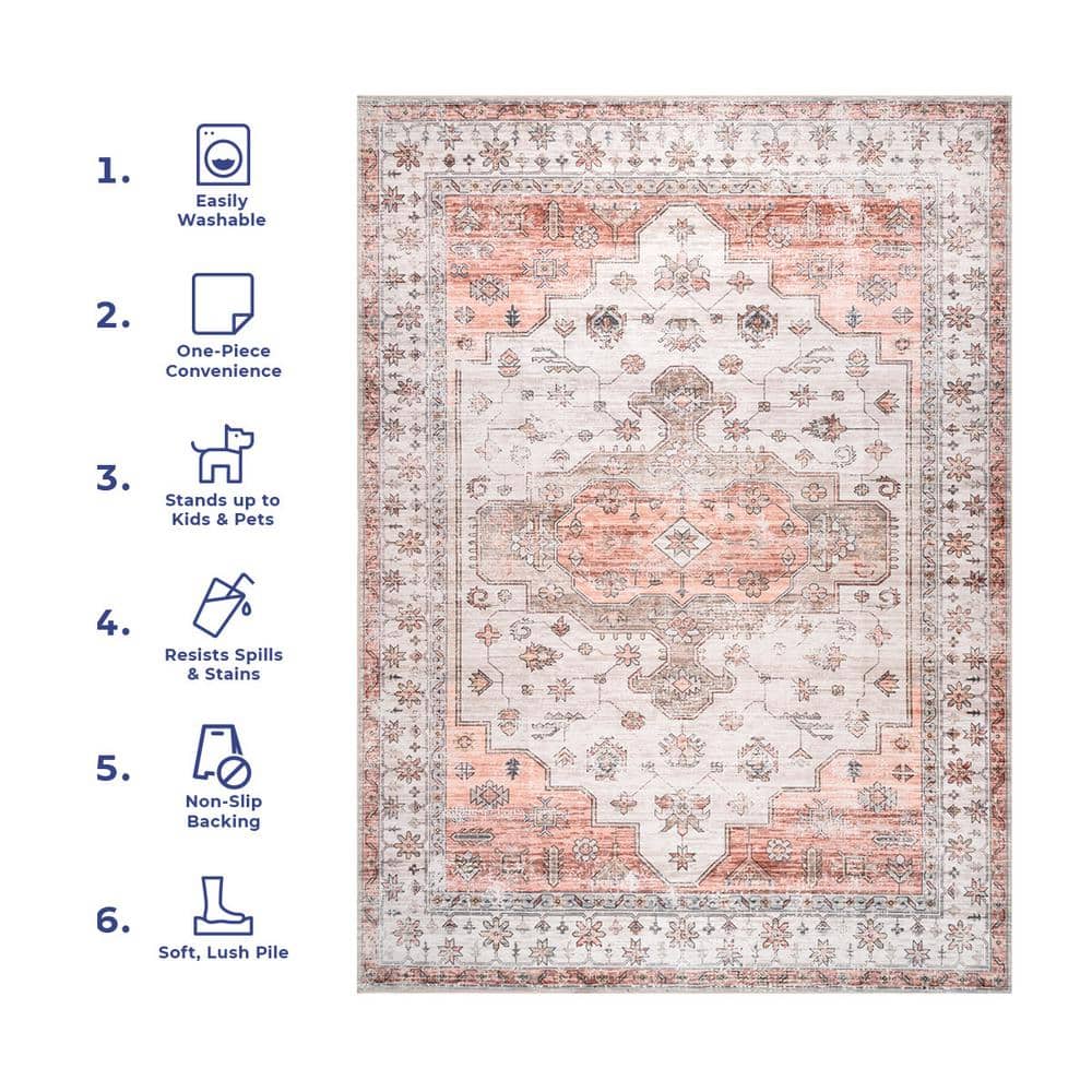 Beige and Coral Vintage Medallion Machine Washable Runner Rug
