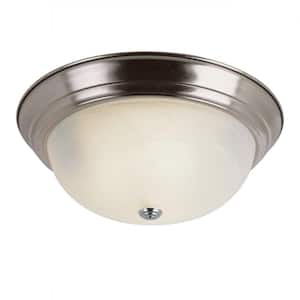 Browns 13 in. 2-Light CFL Brushed Nickel Flush Mount Ceiling Light Fixture with White Marbleized Glass Shade
