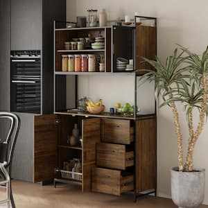 Brown Wood 47.2 in. W Kitchen Buffet Sideboard Pantry Cabinet For Dining Room with Metal Mesh Doors, Shelves